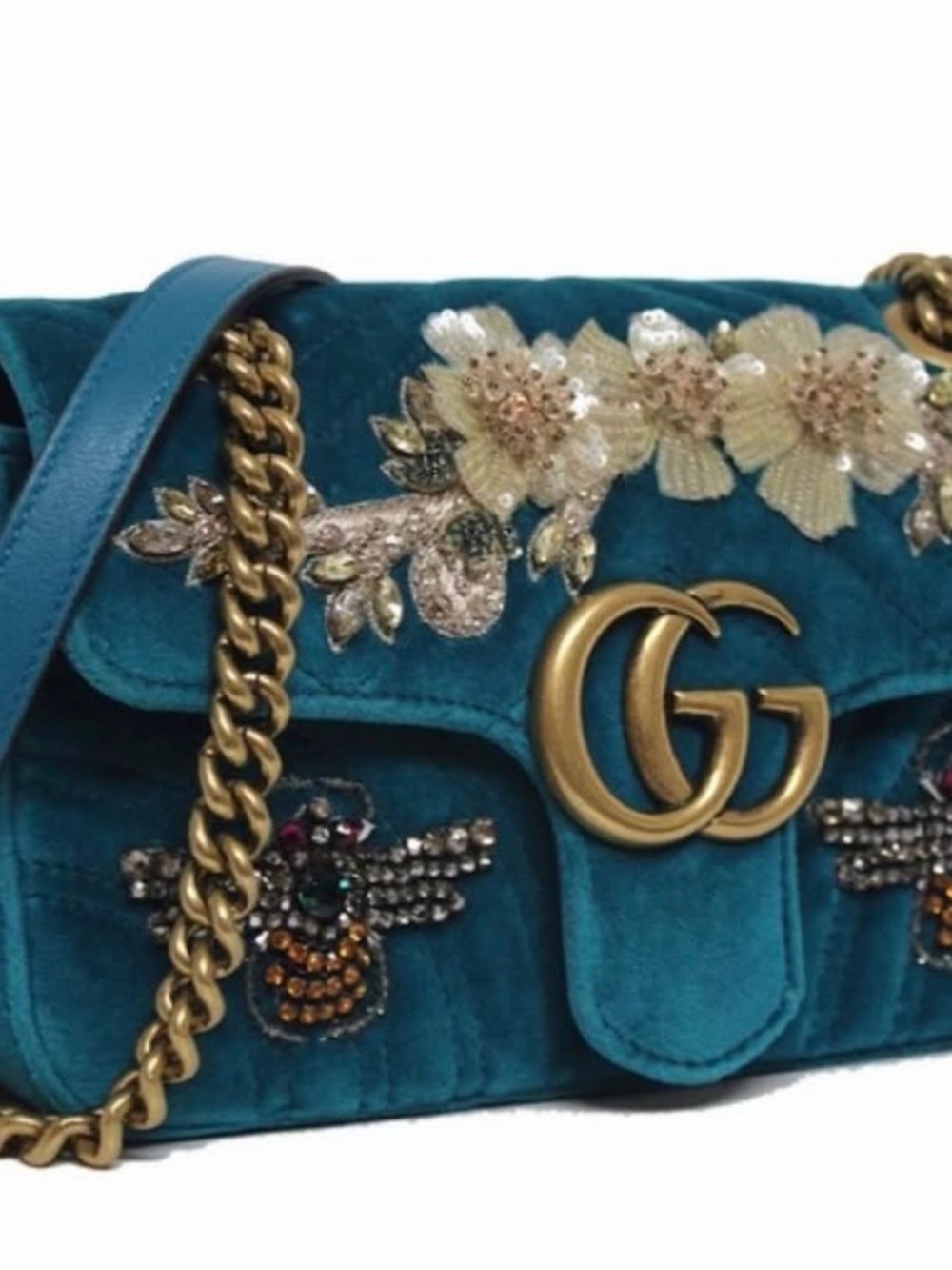 Gucci Teal Velvet GG Marmont Embroidered Floral Shoulder Bag